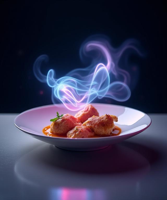 En konstnärlig visualisering av ljudvågor som interagerar med mat på en tallrik, framhävande av en multisensorisk matupplevelse.