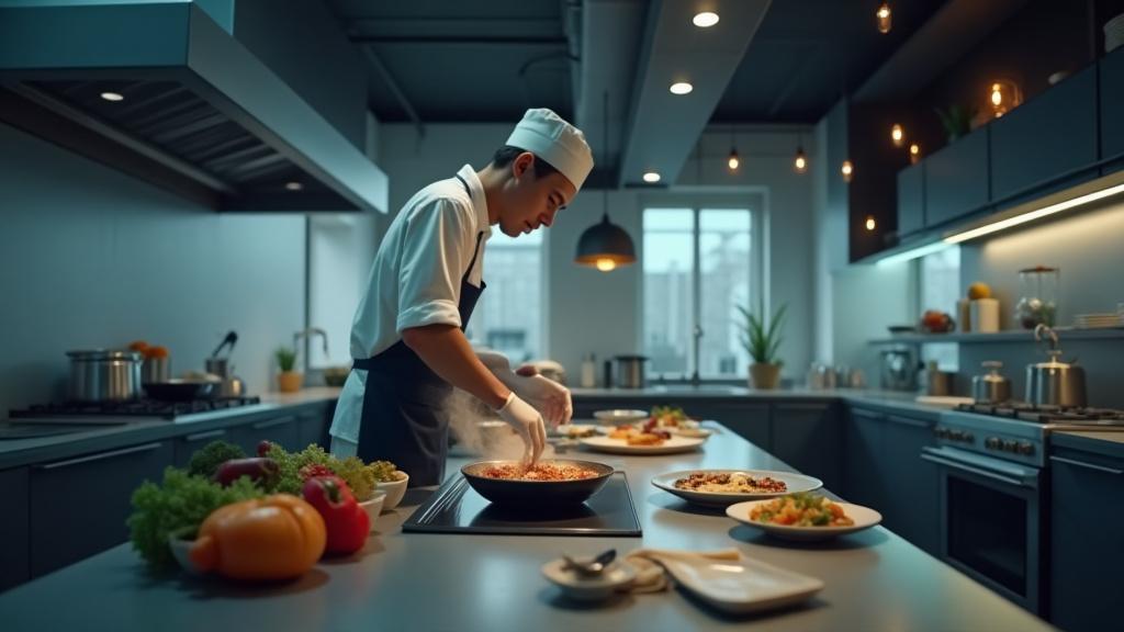 Ett modernt kök med en kock som förbereder mat, omgiven av en subtil ljudvågsanimation