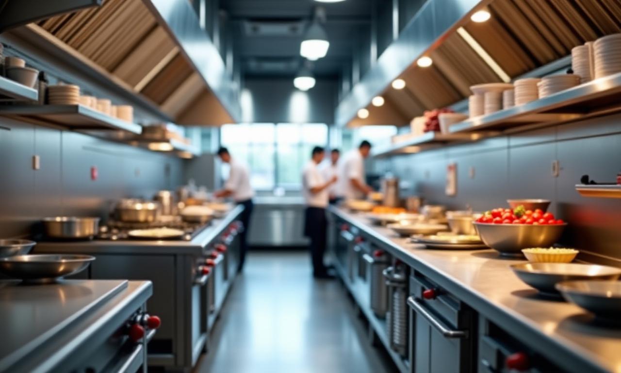 Ett professionellt restaurangkök designat av Chord Kitchen, med fokus på bullerdämpning och klar kommunikation.