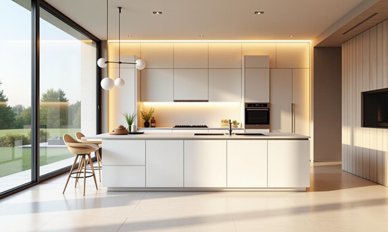 Ett exklusivt, modernt kök i en villa med integrerade, diskreta ljudpaneler och elegant belysning.